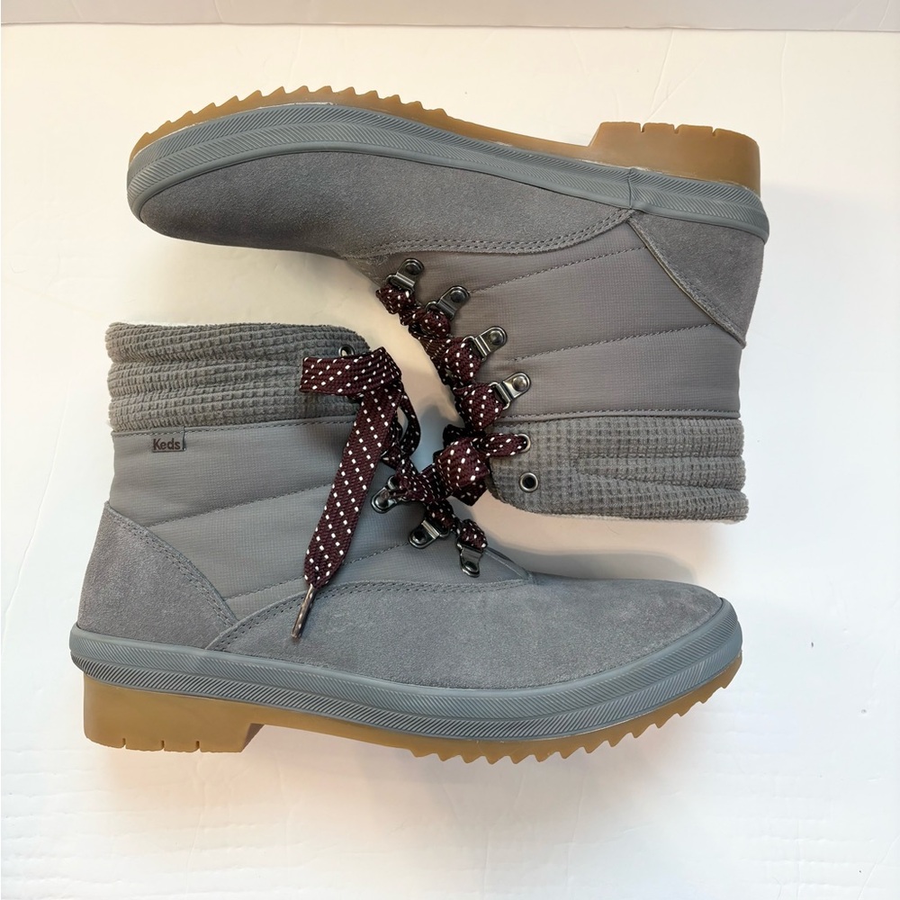 Keds Suede Snow Boots Gray Lace Up Thinsulate Fleece Lined Waterproof Polka Dot